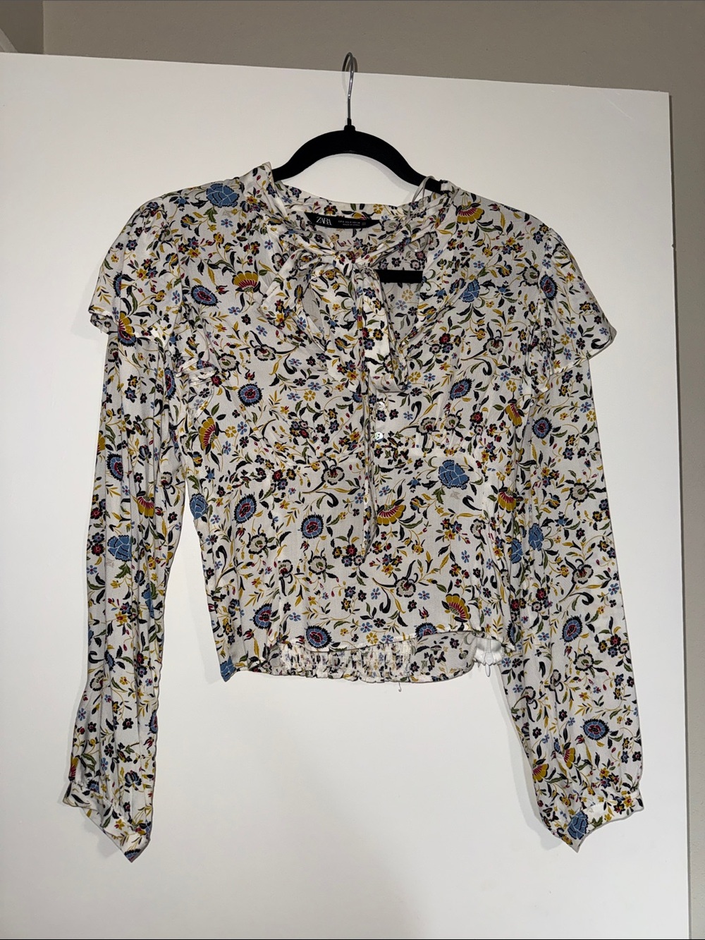 Zara White Floral Tie-Neck Blouse with Blue & Yellow Accents